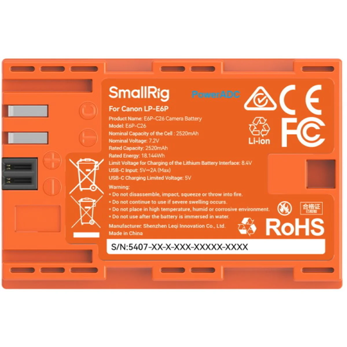 SmallRig 5407 Camera Battery For Canon LP-E6P (Orange)